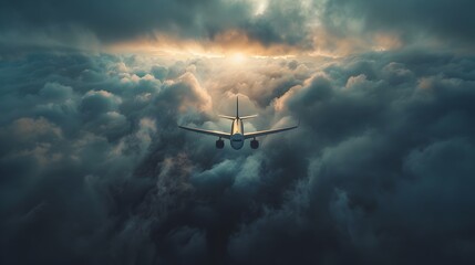 Dramatic Airplane Silhouette Soaring Through Cloudy Skies with Backlit Lighting