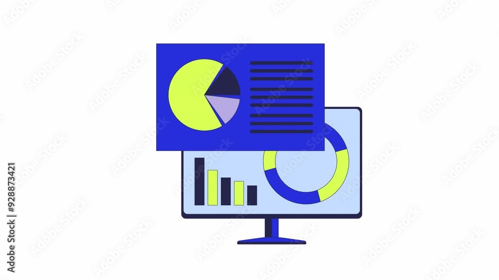 Poster computer analyzing data line 2d object animation. piechart technology flat color cartoon 4k video, a