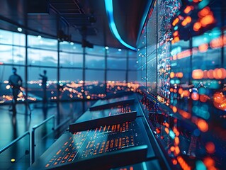 Futuristic Air Traffic Control Center Monitoring Complex Airspace with Advanced Aircraft