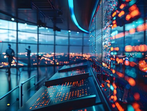 Futuristic Air Traffic Control Center Monitoring Complex Airspace with Advanced Aircraft