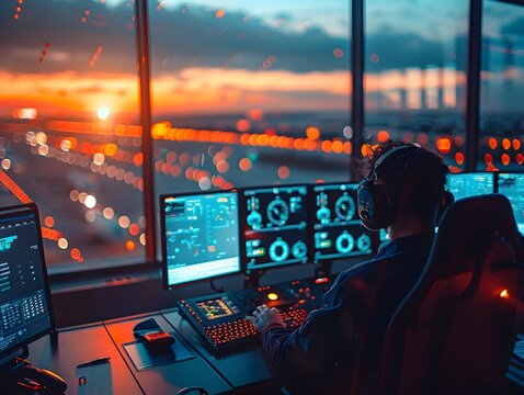 A Futuristic Air Traffic Control Center Managing a Busy Airspace with Advanced Aircraft - Powered by Adobe