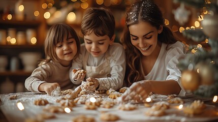 A joyful holiday scene of a family baking cookies together, with kids giggling as they make a mess with flour, the kitchen glowing with festive lights,