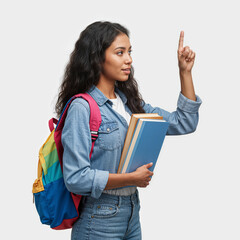 Side View of Young Woman with Long Curly Hair Pointing Upward While Holding Books and Wearing a Denim Shirt and Colorful Backpack, Smiling and Focused, Isolated on a White Background, Academic Concept