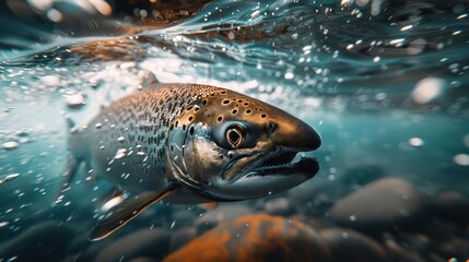 an image of a salmon swimming through water. The salmon has a large,