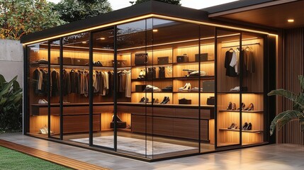 A luxurious walk-in closet showcases neatly organized clothes and shoes, highlighted by elegant lighting and sleek glass walls