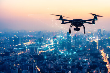Naklejka premium Drone Over Smart City Skyline With Digital Network Connections and Futuristic Data Interface at Sunset