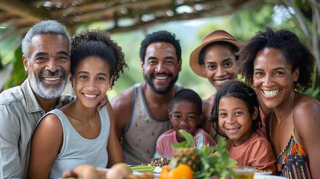A large, joyful family reunion, with multiple generations posing together for a group photo in a sunny backyard, everyone smiling and dressed casually,