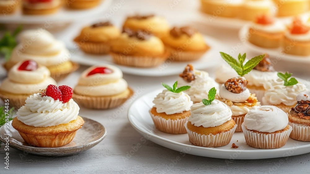 Wall mural a table with multiple cupcakes, each adorned with frosting and a strawberry