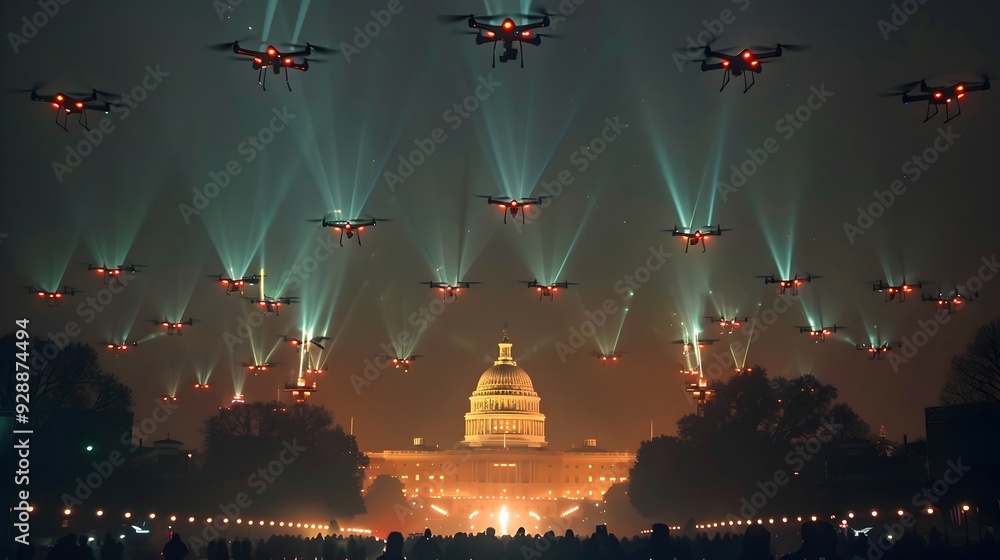 Poster a swarm of drones creating a synchronized light display over a famous landmark