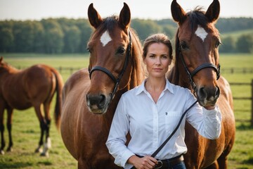 Fototapeta premium Horse, woman veterinary and portrait outdoor for health and wellness in the countryside