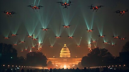 A Swarm of Drones Creating a Synchronized Light Display Over a Famous Landmark