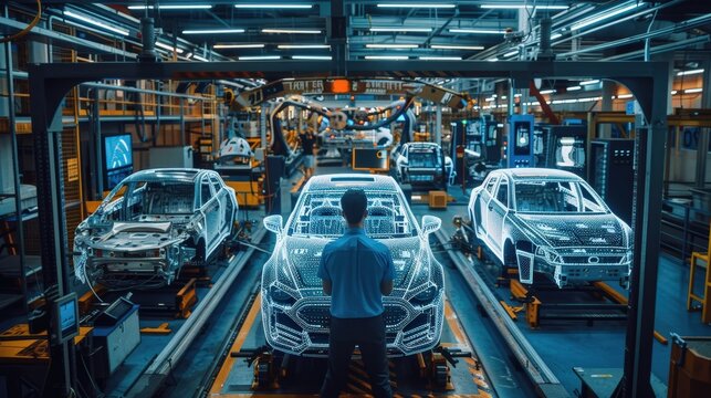 An engineer examines holographic vehicle models in a high-tech automotive manufacturing plant, showcasing innovative technology and design