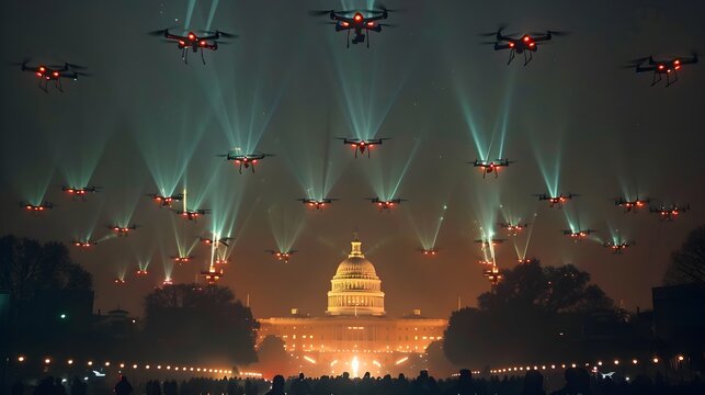 A Swarm of Drones Creating a Synchronized Light Display Over a Famous Landmark