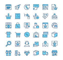 Ecommerce icons. Outline symbols. Vector blue line icons set