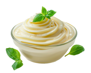 Swirled mayonnaise in a glass bowl with fresh basil leaves on a transparent background.