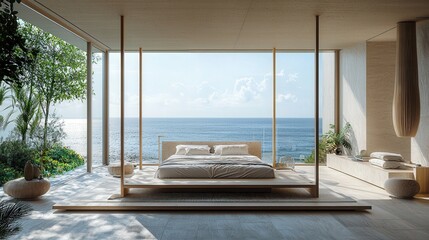 A spacious bedroom features a bed facing the ocean, with natural light and a peaceful atmosphere created by minimalist decor and greenery