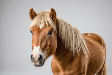 Obraz premium Palomino Shetland pony, Equus caballus, 3 years old, standing in front of white background