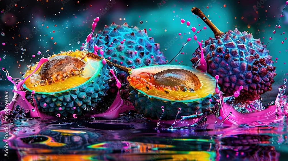 Poster a close-up of a fruit on a table with water splashing nearby and a fruit on the edge of the table