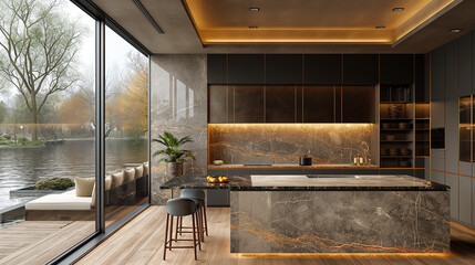 A modern kitchen with marble and wood, with a window overlooking the river in front of it, with LED lighting on the ceiling, dark grey cabinets, gold details, and golden elements.