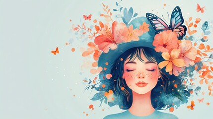 A young woman with closed eyes surrounded by blooming flowers and butterflies.