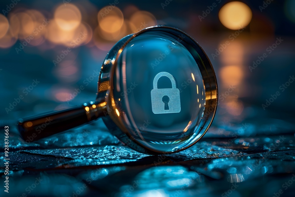 Poster Magnifying Glass Focusing on a Lock Symbol in a Mysterious Setting