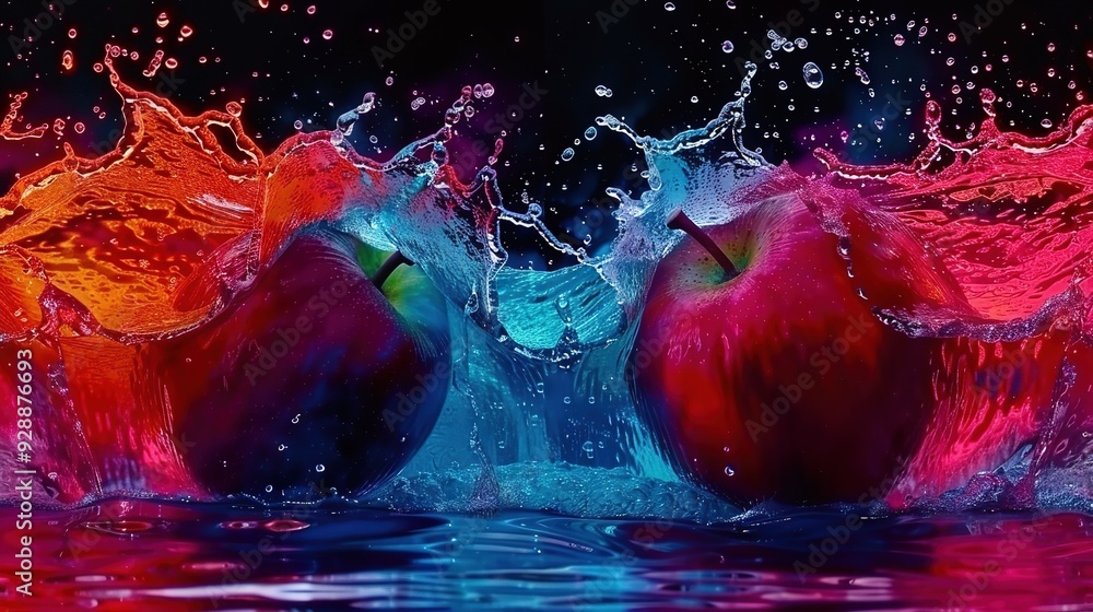 Poster two apples splash into water, creating ripples on top and bottom