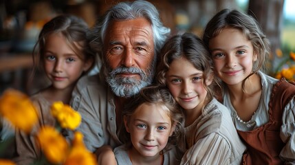 Fototapeta premium A picturesque family reunion, with a large group of family members posing together in a backyard, the grandparents seated in the center, surrounded by their children and grandchildren,