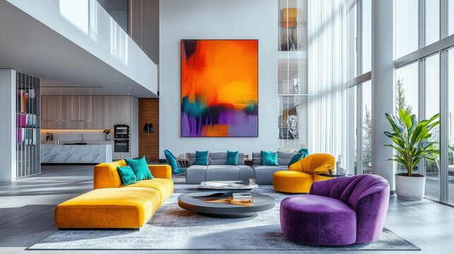 A contemporary living room features colorful seating, a striking painting, and bright natural light coming through large windows - Powered by Adobe