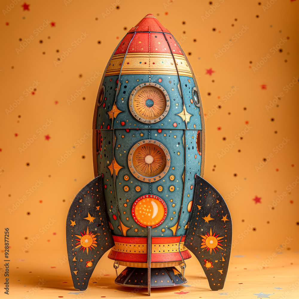 Poster a yellow paper rocket is sitting on a table with a blue background. the rocket is surrounded by vari