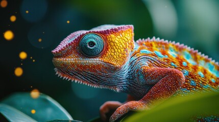 Fototapeta premium Vibrant Close-up of Chameleon Changing Colors in Nature's Wonderment