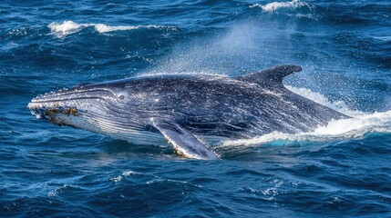 Fototapeta premium Majestic Blue Whale Breaching in the Ocean Depths with Powerful Splash - Marine Wildlife Observation