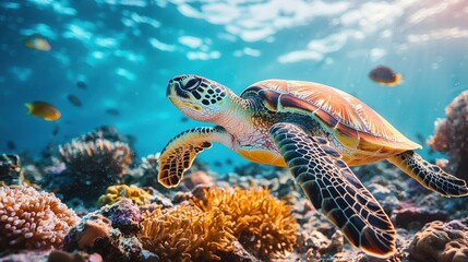 Fototapeta premium Tranquil Beauty of a Vibrant Coral Reef: Majestic Sea Turtle Swimming Among Colorful Marine Life