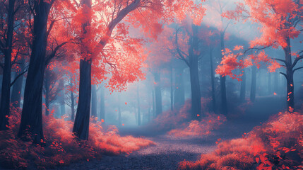 Fototapeta premium Mystical autumn forest with red leaves