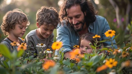 Fototapeta premium A serene family moment in the garden, with children helping their parents plant flowers, the garden full of life with colorful flowers and lush greenery, the soft sunlight providing a warm,