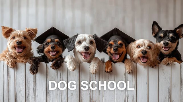 A group of six dogs proudly wearing graduation caps smiles at the camera, celebrating their completion of training at a dog academy