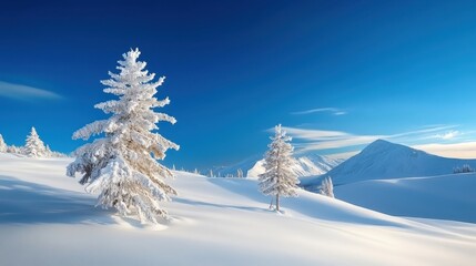 Snow-Covered Pine Trees in Winter. A serene winter landscape featuring snow-covered pine trees against a clear blue sky.