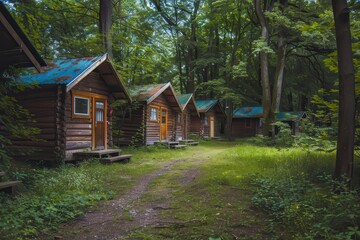 Cabins in the Wild: Hostel in the Forest with Blue Sky and Wooden Cabin