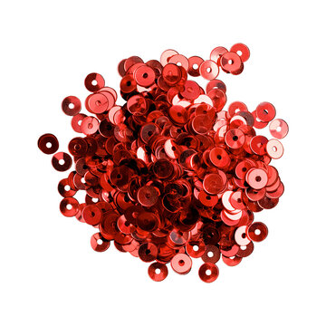 Pile of shiny red sequins on a transparent background, perfect for design overlays and festive decorations