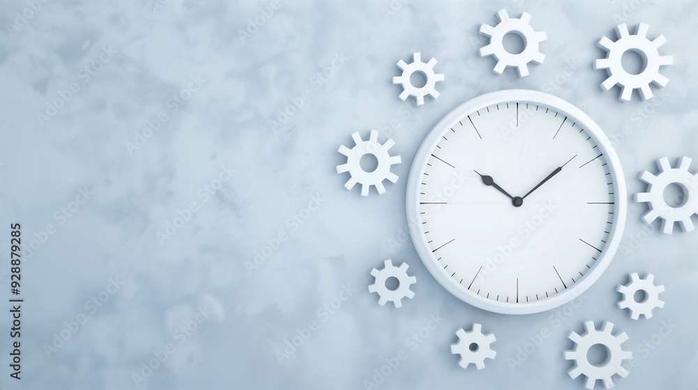 Poster time management concept. conceptual illustration of analog wall clock surrounded by various mechanic