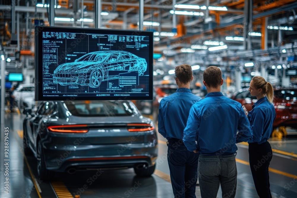 Poster A team of engineers reviews vehicle design details displayed on a large screen in a modern manufacturing plant