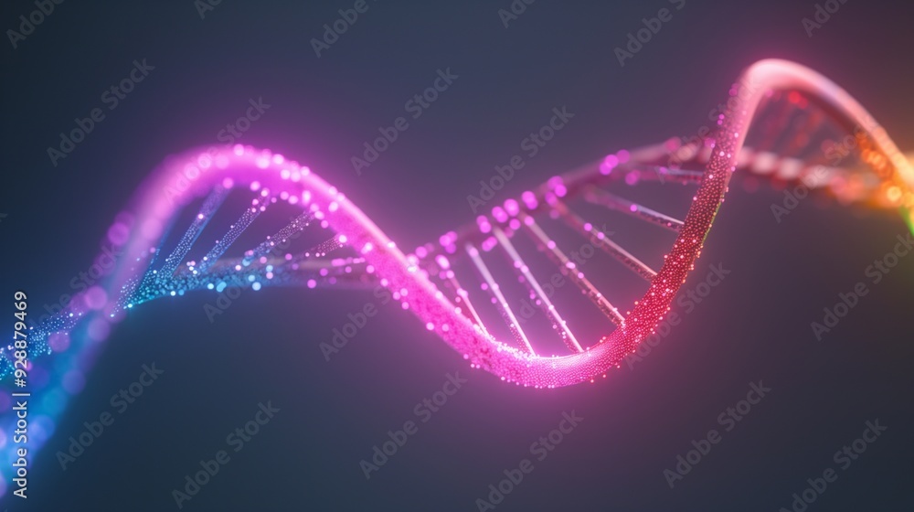 Poster vibrant 3d illustration of dna double helix glowing in neon colors with depth of field effect for sc