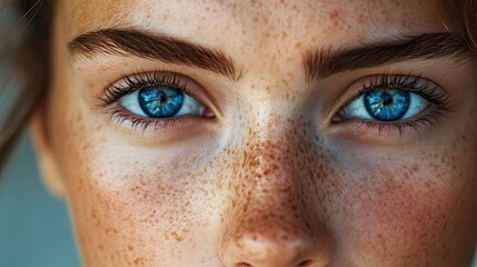 Fototapeta premium Cheerful expression of a blue-eyed woman with charming freckles in close-up