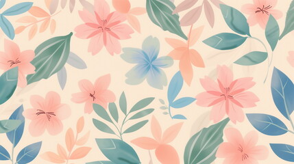 Background Floral With Pastel Leaves And Flowers On Beige Background For Spring And Summer Wallpaper Textile Design Vintage Botanical Illustration With Subtle Colors And Gentle Nature Themes