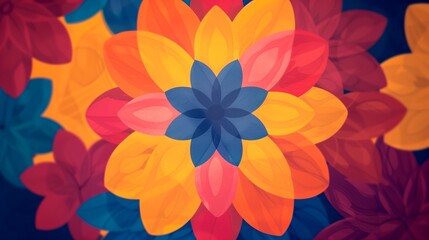 Vibrant Floral Mandala Wallpaper with Multicolor Petals in Symmetrical Design, Perfect for Seasonal Decor, Meditation Spaces, and Design Projects Emphasizing Bright Hues and Geometric Harmony