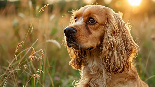 Cocker spaniel enjoying a sunset in a tranquil meadow