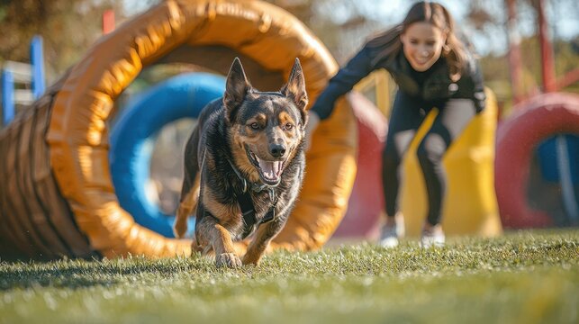 A woman enthusiastically supports her dog as it navigates agility obstacles on a sunny day in a park - Powered by Adobe