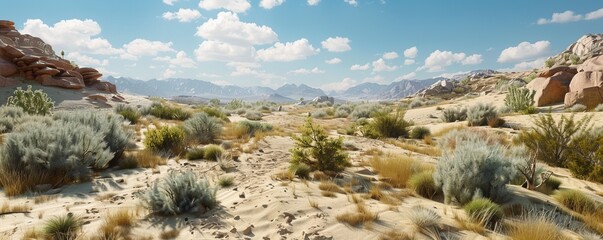 Naklejka premium Desert with sparse vegetation and shrubs, 4K hyperrealistic photo