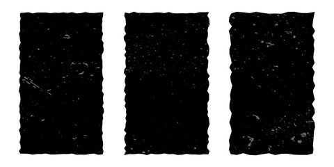 Set of vertical black frames made of torn paper with vintage gritty texture, rectangles with jagged edges isolated on white background. Old ripped paper, silhouettes.