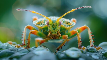 Fototapeta premium A close-up photo of a red and green ladybug on a plant leaf with blurred background,