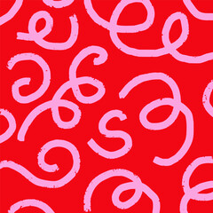 Playful hand drawn pattern, curved pink squiggles. Chaotic ink textured lines on red background, doodle swirls, wavy strokes, crosshatch. Sketch vector illustration.